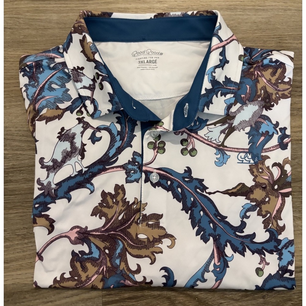 Good Good Golf Men's Polo Shirt Bravo Pattern Floral Print 3XL White